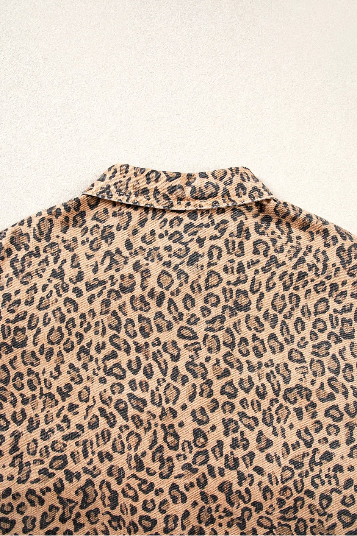 Leopard Print Collar Long Sleeve Patch Pocket Shift Denim Jacket – Khaki