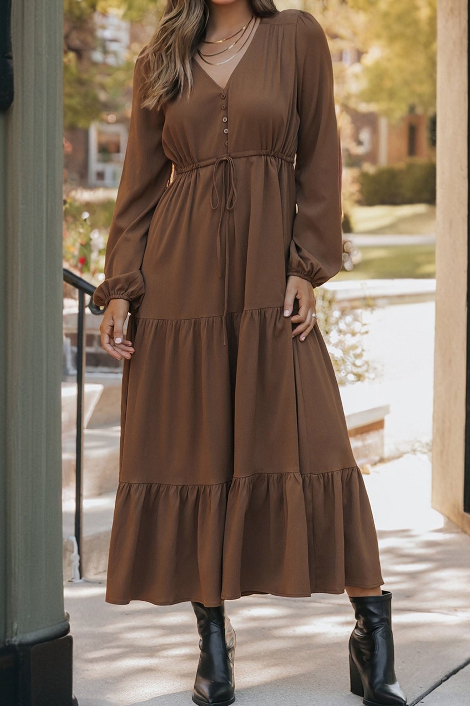 Long Sleeve Button V-Neck Tiered Maxi Dress - eAura