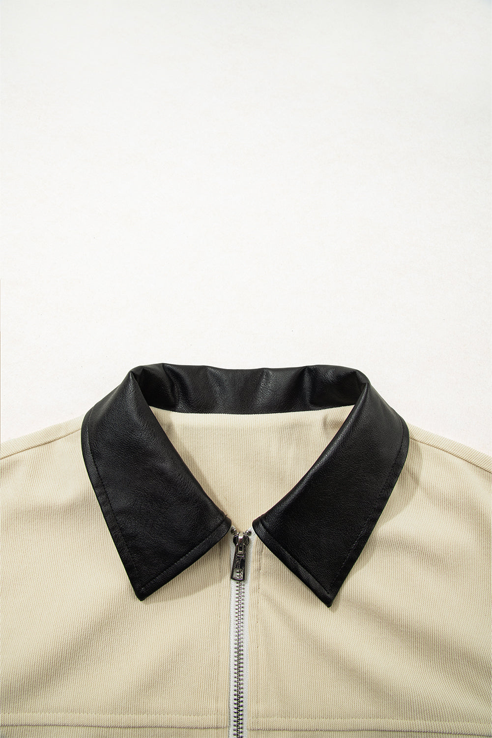 Contrast Faux Leather Collar Textured Zip-Up Jacket - eAura