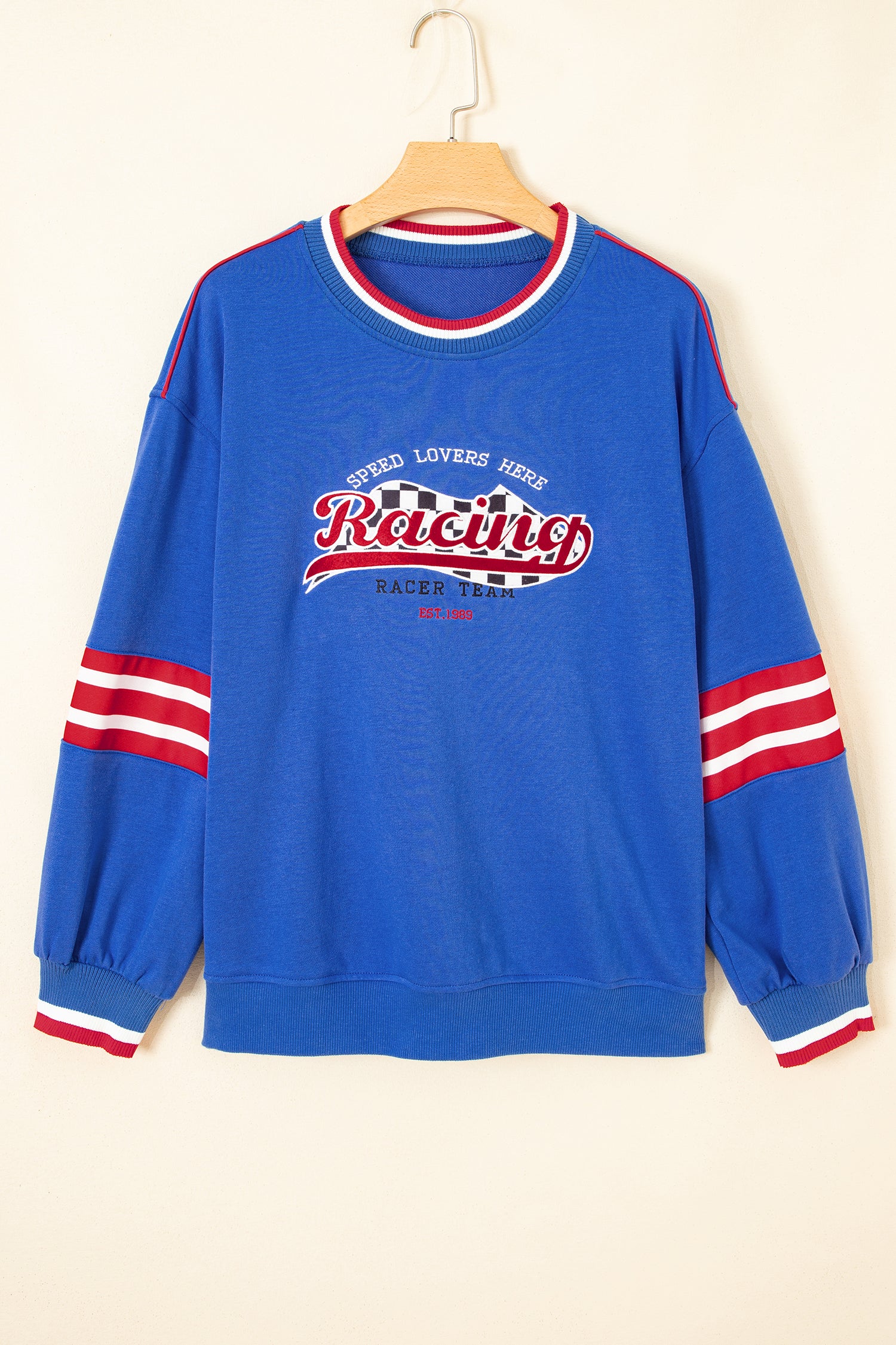 Abstract Racing Graphic Embroidered Patchwork Long Sleeve Sweatshirt – Sky Blue