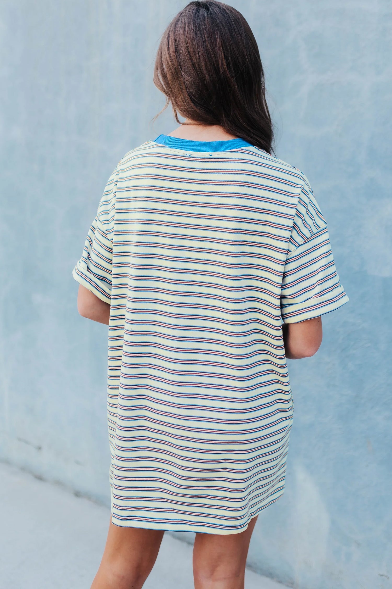 Stripe Drop Shoulder Cuffed Sleeve Loose Tunic T-Shirt Mini Dress