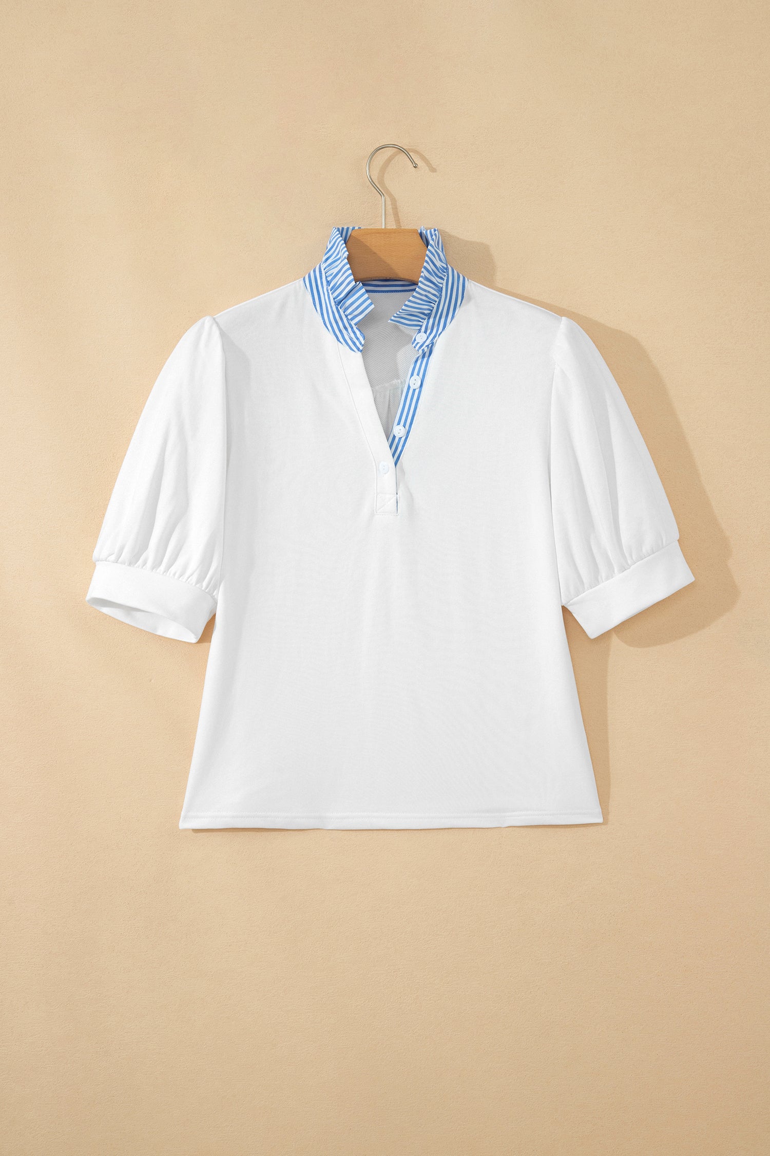 Striped Frilled Collar Short Sleeve Blouse