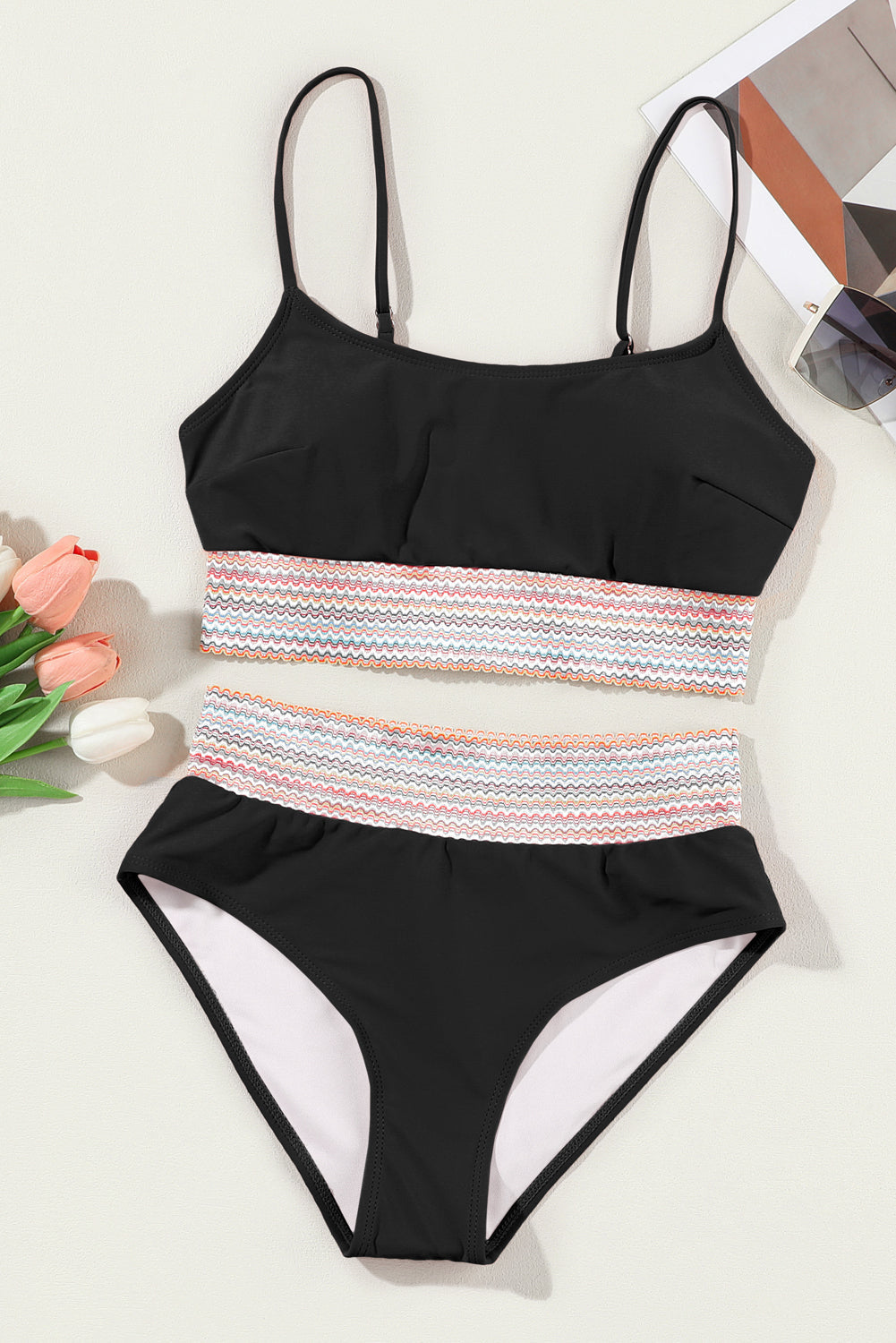 Peach Blossom Striped Patchwork Spaghetti Strap High Waist Bikini Swimsuit eAura