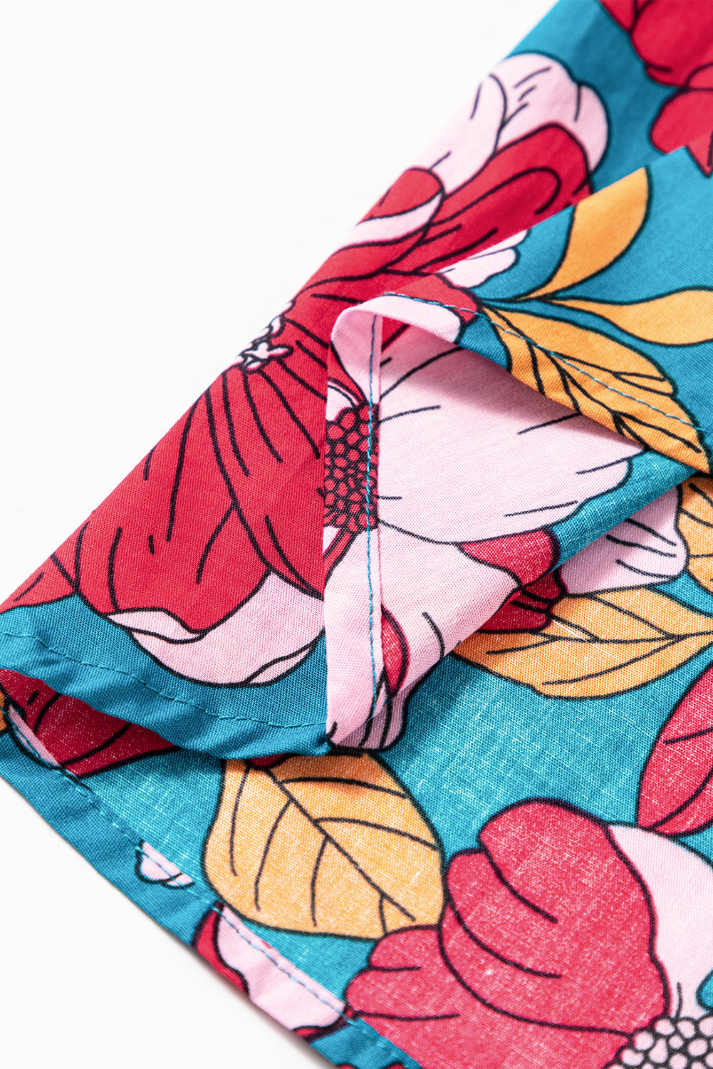 Red Floral Printed Balloon Sleeve Half Buttons Blouse eAura