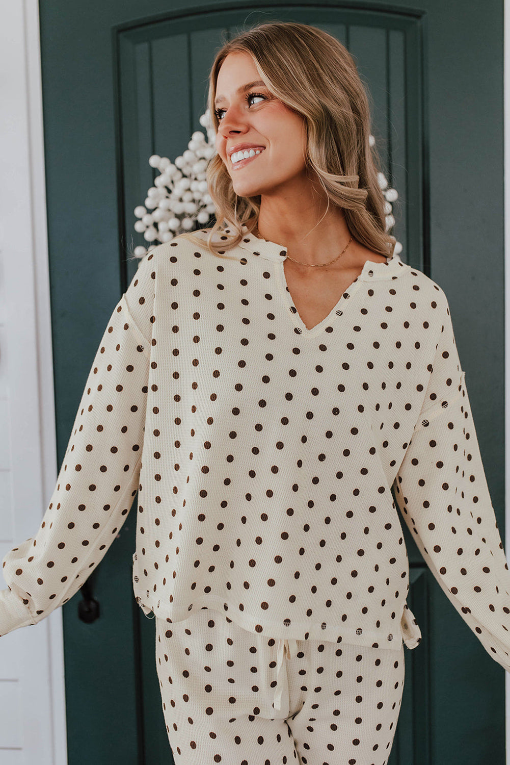 White Polka Dot Print Long Sleeve Top and Drawstring Bottoms Pyjamas eAura
