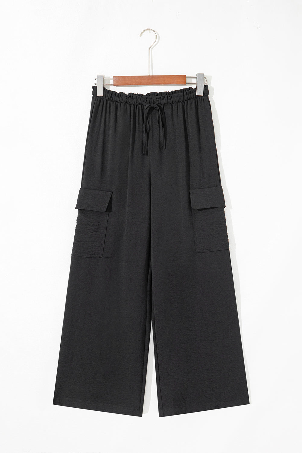 Black Drawstring Frilled Waist Wide Leg Utility Trousers Lightweight eAura