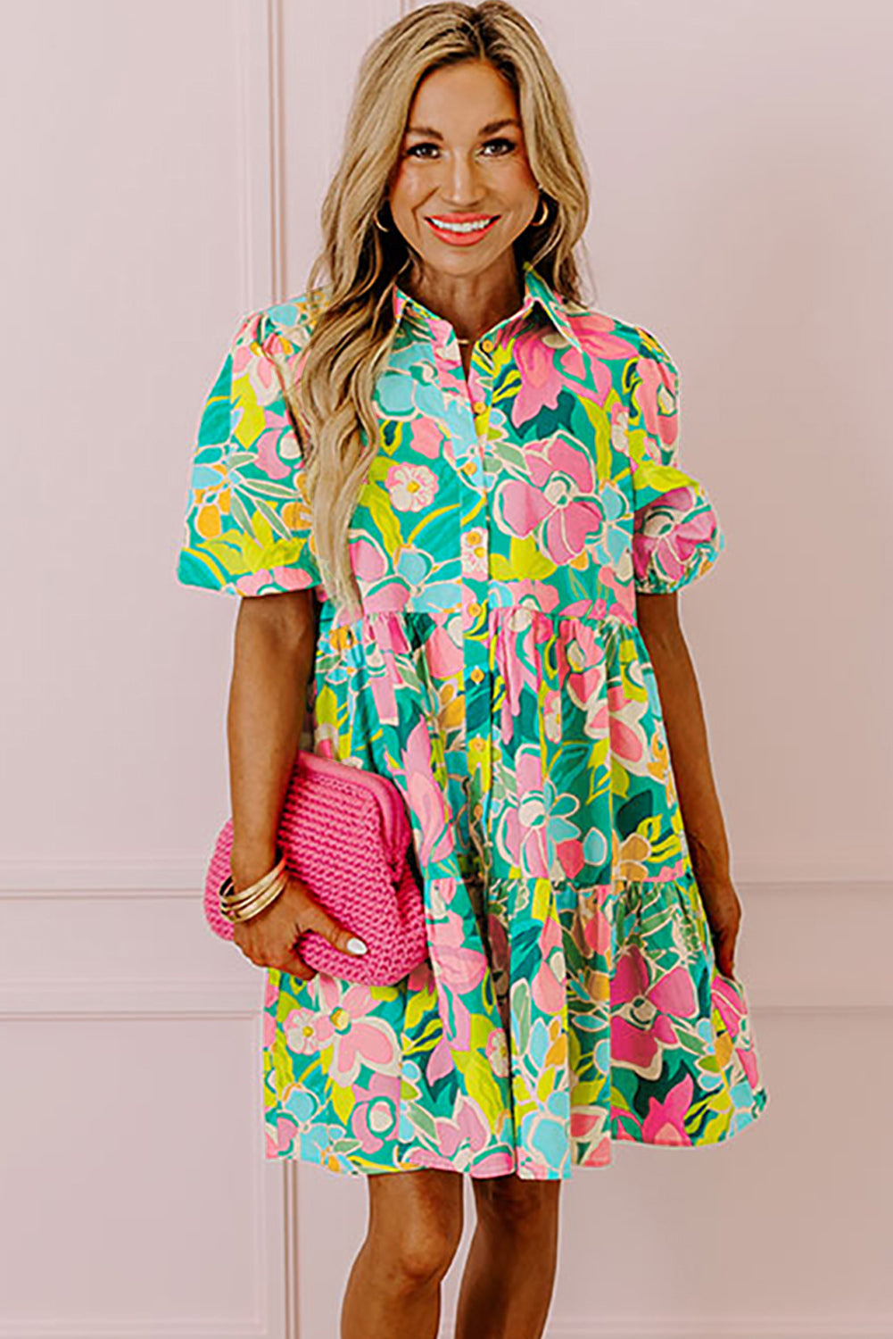 Green Floral Puff Sleeve Collar Buttoned Babydoll Dress eAura