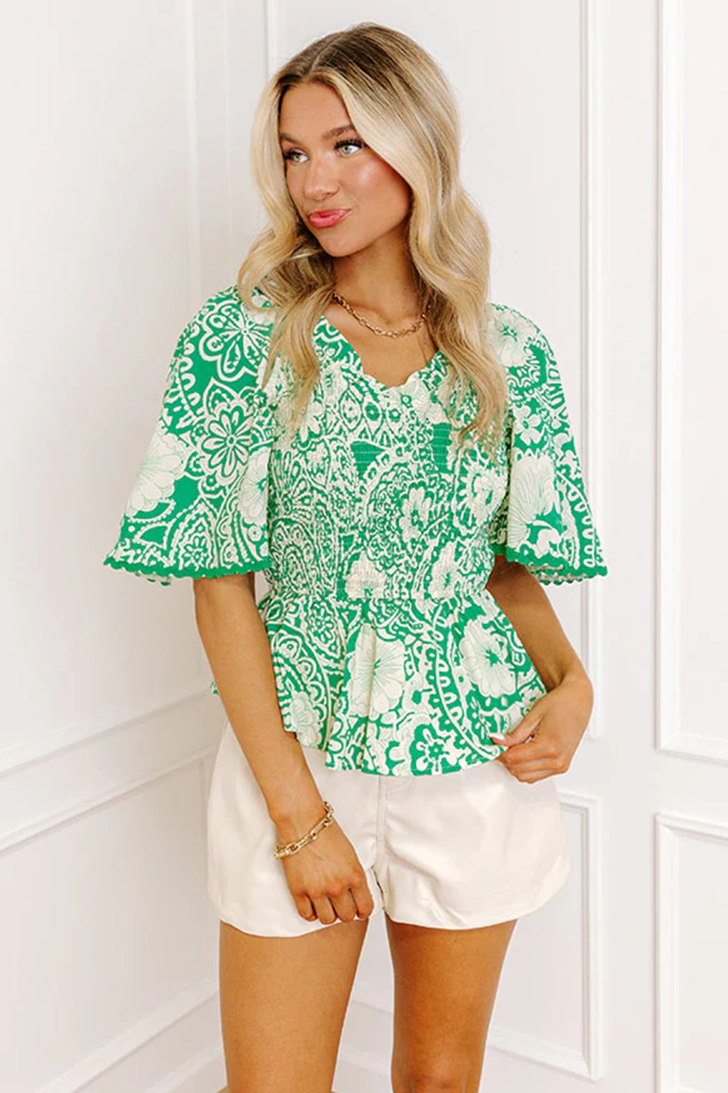 Floral Smocked Ruffle V-Neck Blouse – Green