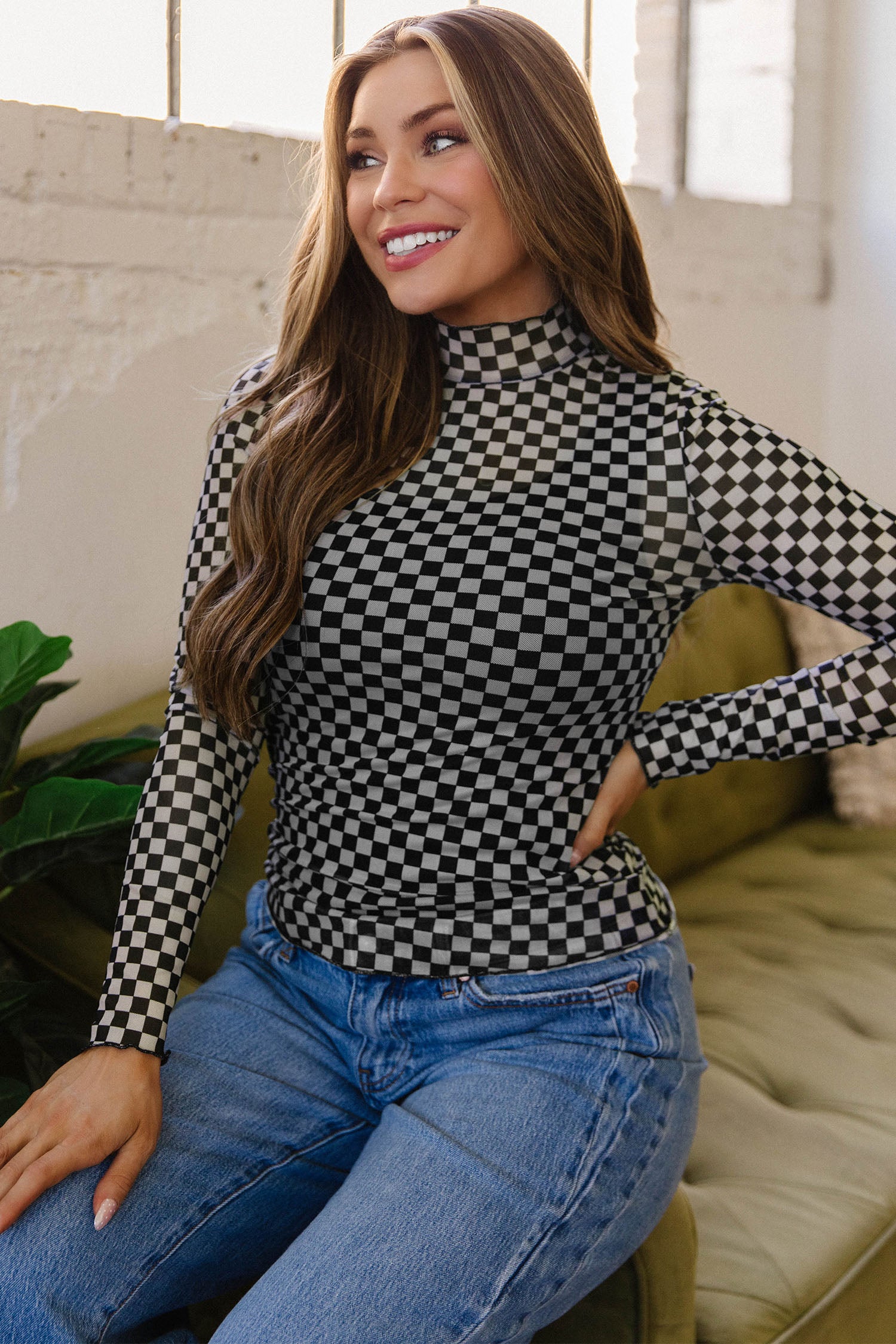 Plaid Stand Neck Long Sleeve Mesh Top – Black