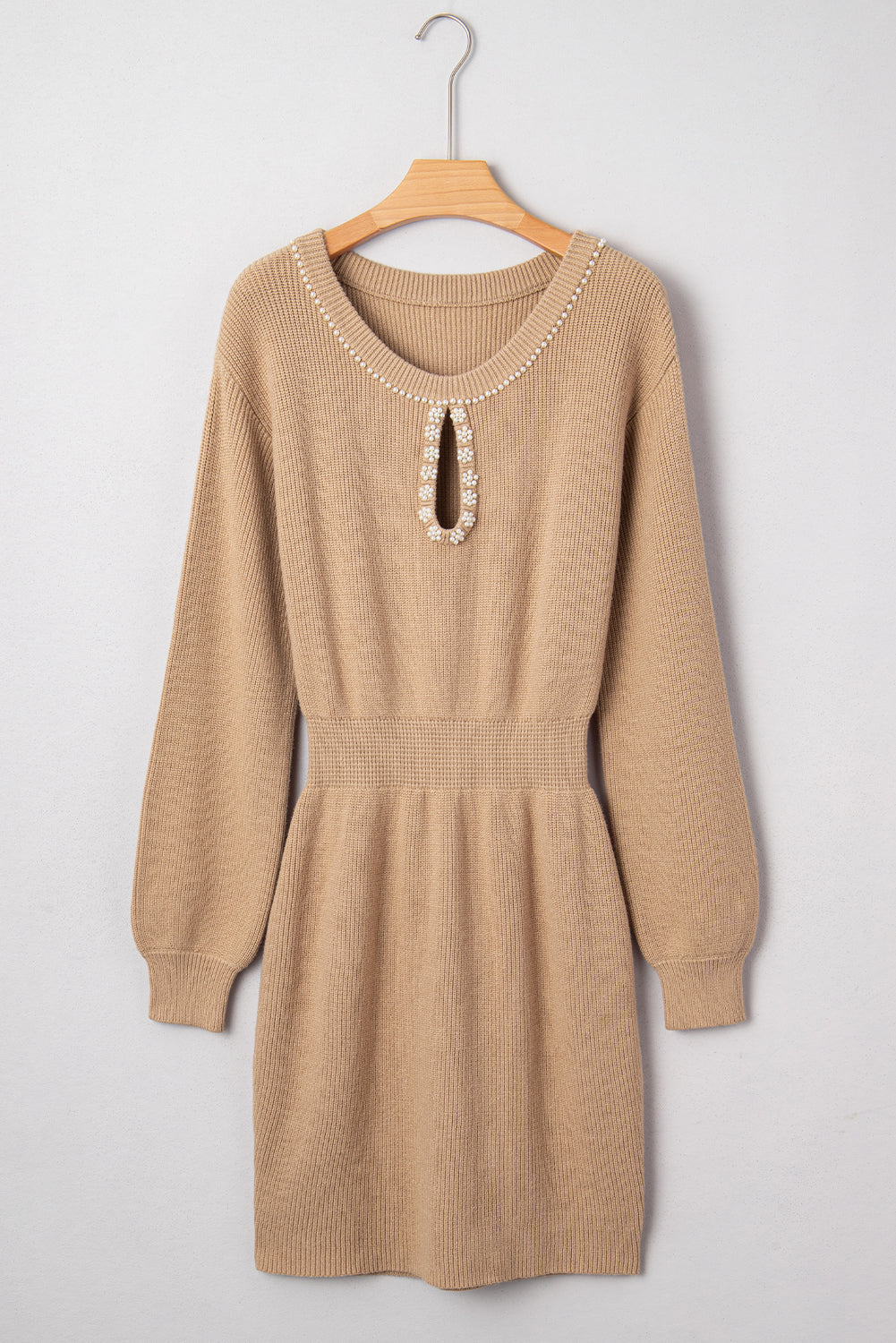 Pearl Embellished Keyhole Ribbed Sweater Dress - eAura