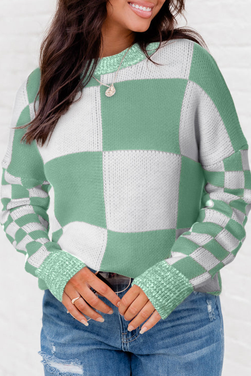 Flaxen Checkered Print Drop Shoulder Sweater eAura