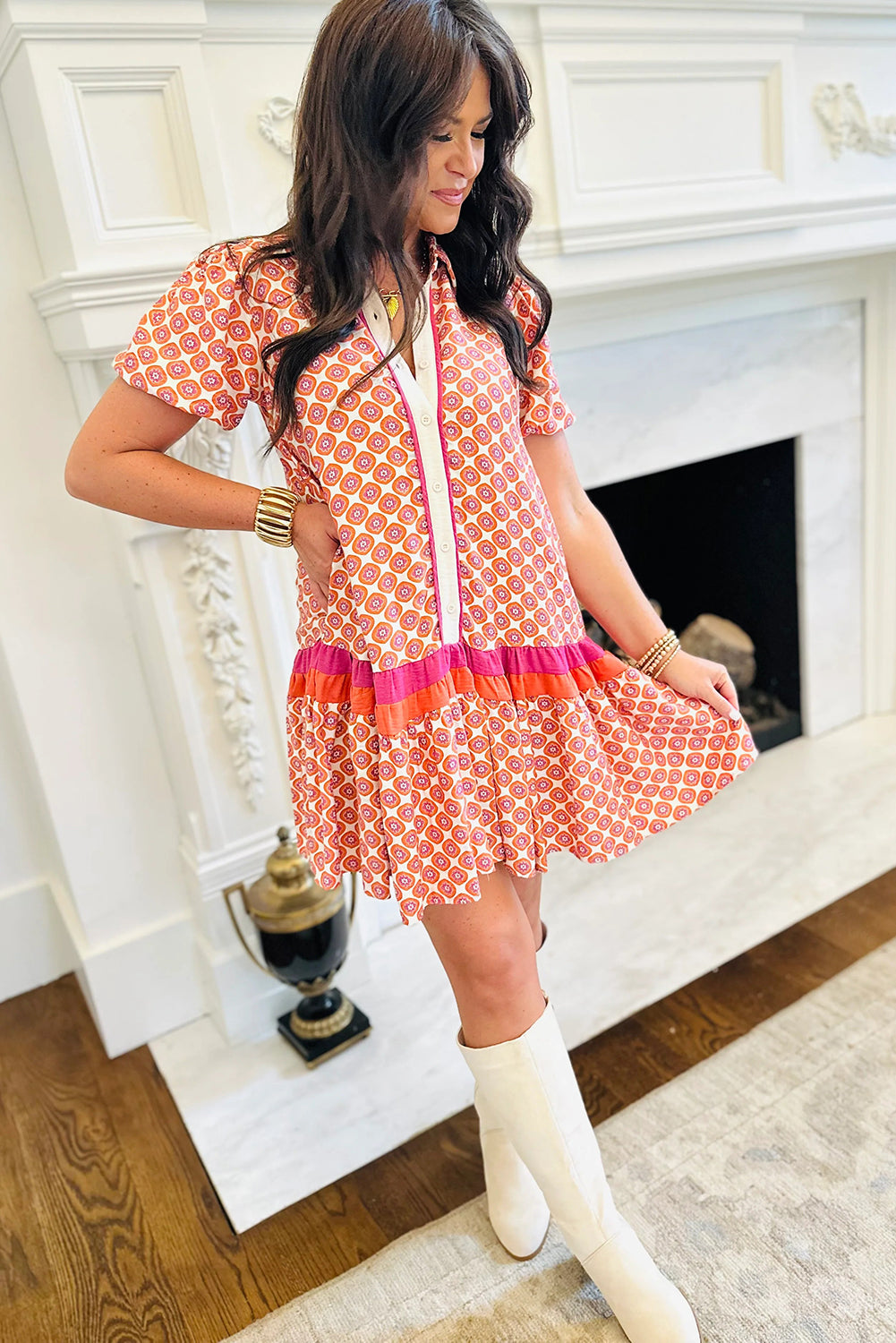 Geometric Floral Print Colour Block Trim Button Front Ruffle Hem Dress