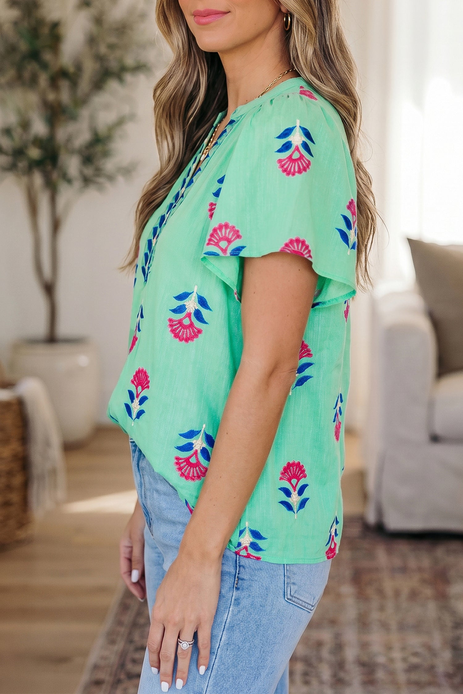 Floral V Neck Flutter Sleeve Blouse – Green