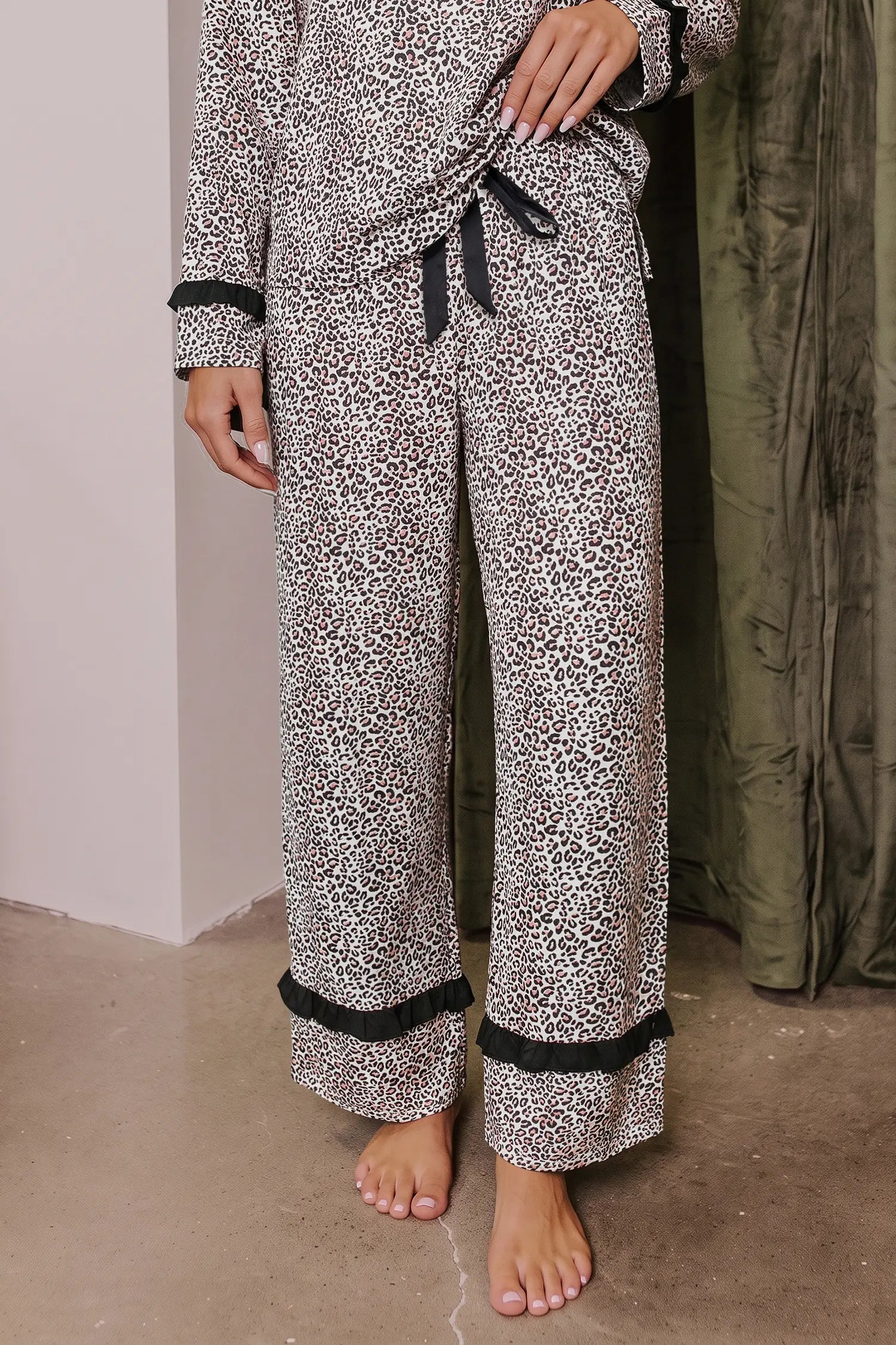 Leopard Print Bow Knot Patchwork Long Sleeve Lounge Set – Brown