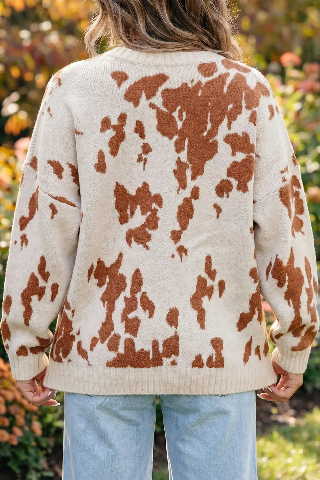 Abstract Print Drop Shoulder Long Sleeve Round Neck Sweater – Khaki