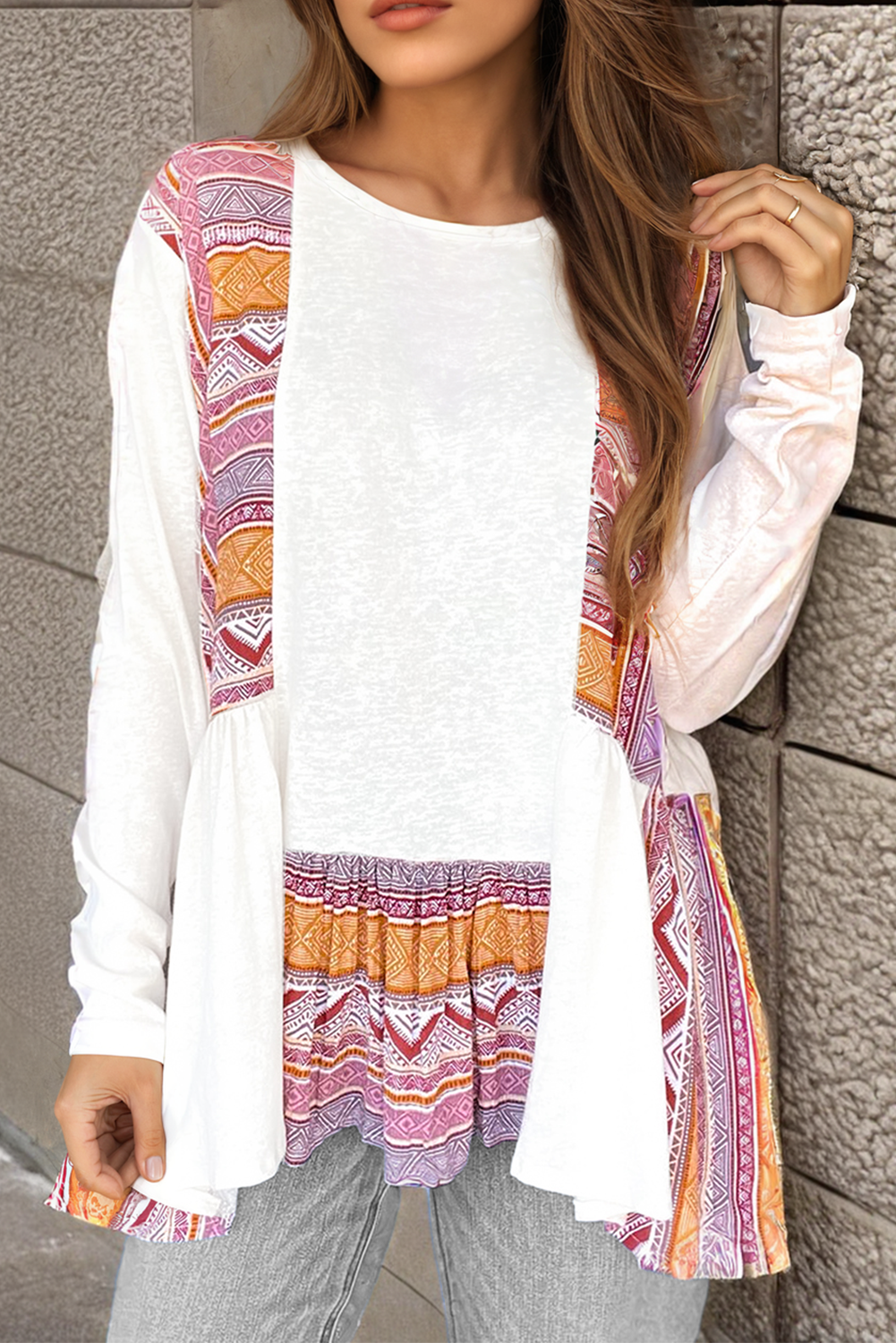 White Western Aztec Print Patchwork Ruffled Tunic Long Sleeve Babydoll Top eAura