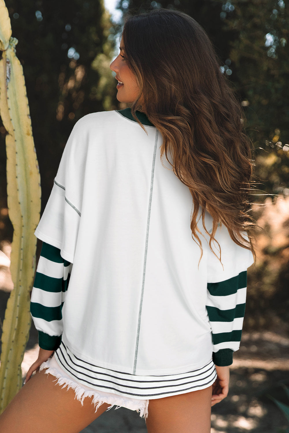 White Stripe Colourblock Sleeve Exposed Seam Fake-2-Piece Sweatshirt eAura