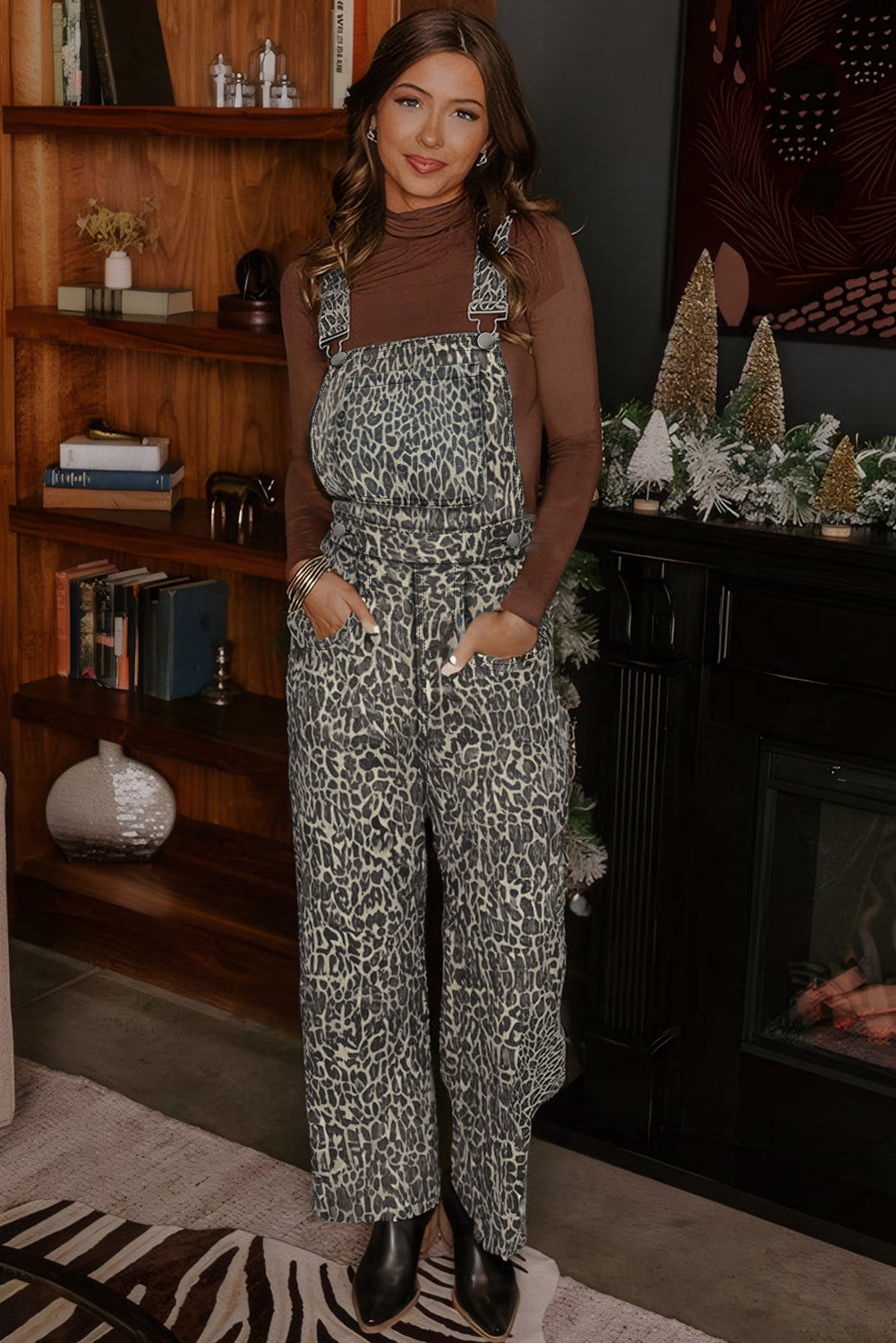 Leopard Print Straight Leg Loose Denim Jumpsuit Dungarees - eAura