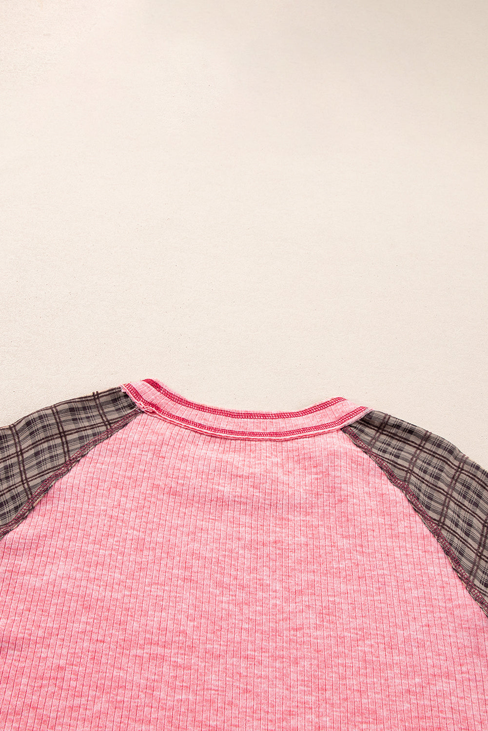 Pink Checkered Paisley Patchwork Raglan Sleeve Seamed Plus Size Top BB Fashion Outlet