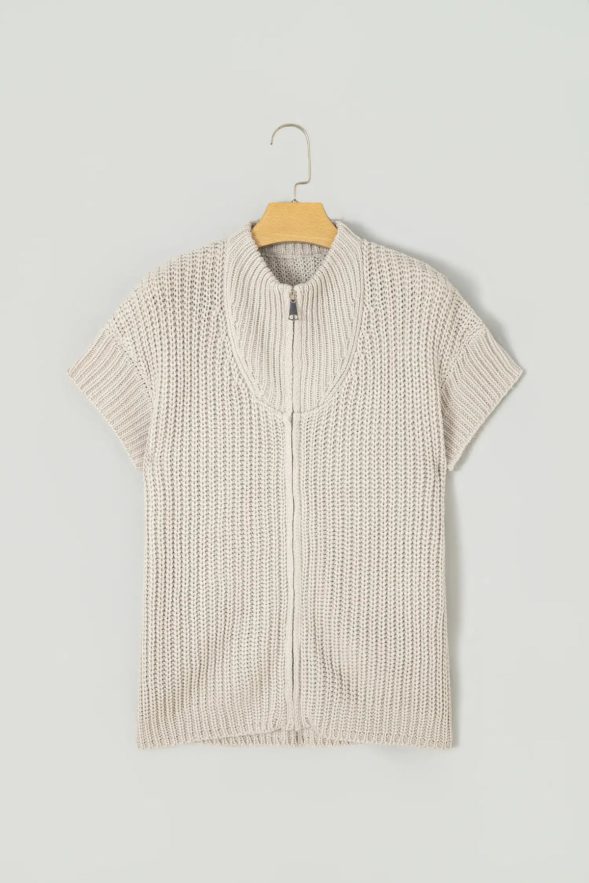 Jet Stream Solid Colour Short Sleeve Zipper Knit High Neck Sweater – Cream