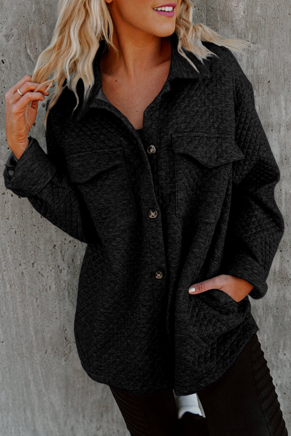 Black Retro Quilted Flap Pocket Button Shacket Beagle Boutique Fashion Outlet