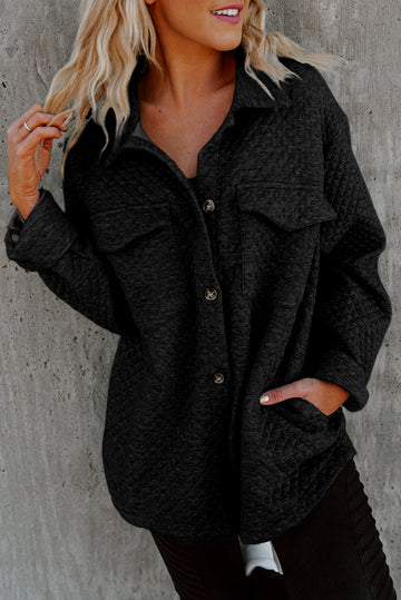 Black Retro Quilted Flap Pocket Button Shacket Beagle Boutique Fashion Outlet