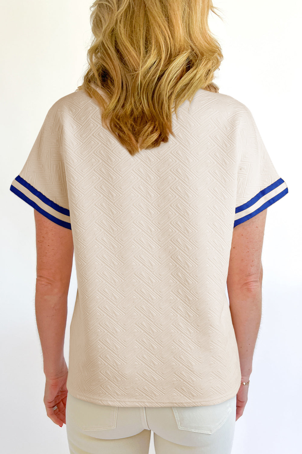Beige Preppy Striped Trim Textured Quarter Zipper Colourblock Short Sleeve Top eAura