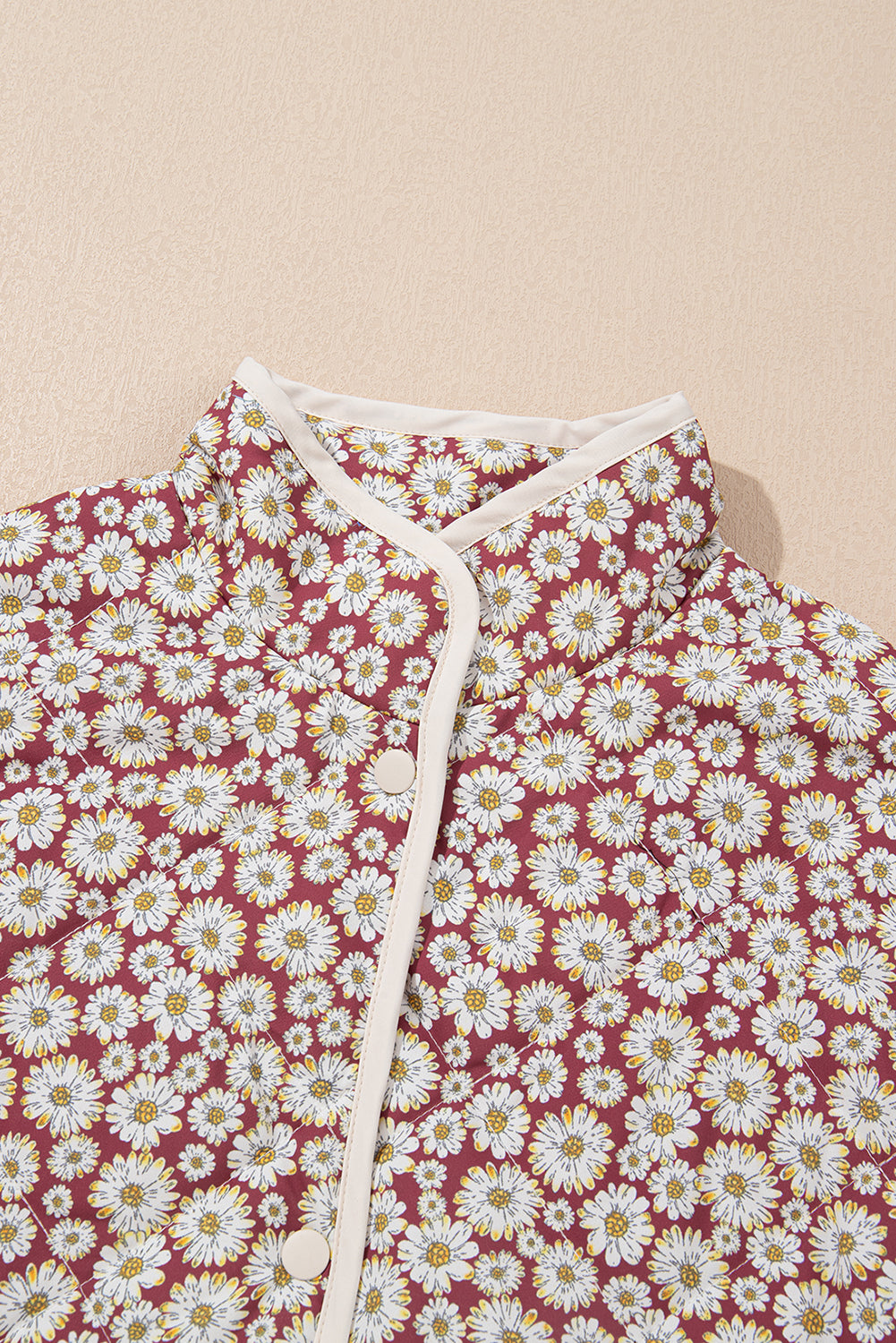 Pink Floral Print Contrast Edge Stand Neck Coat eAura