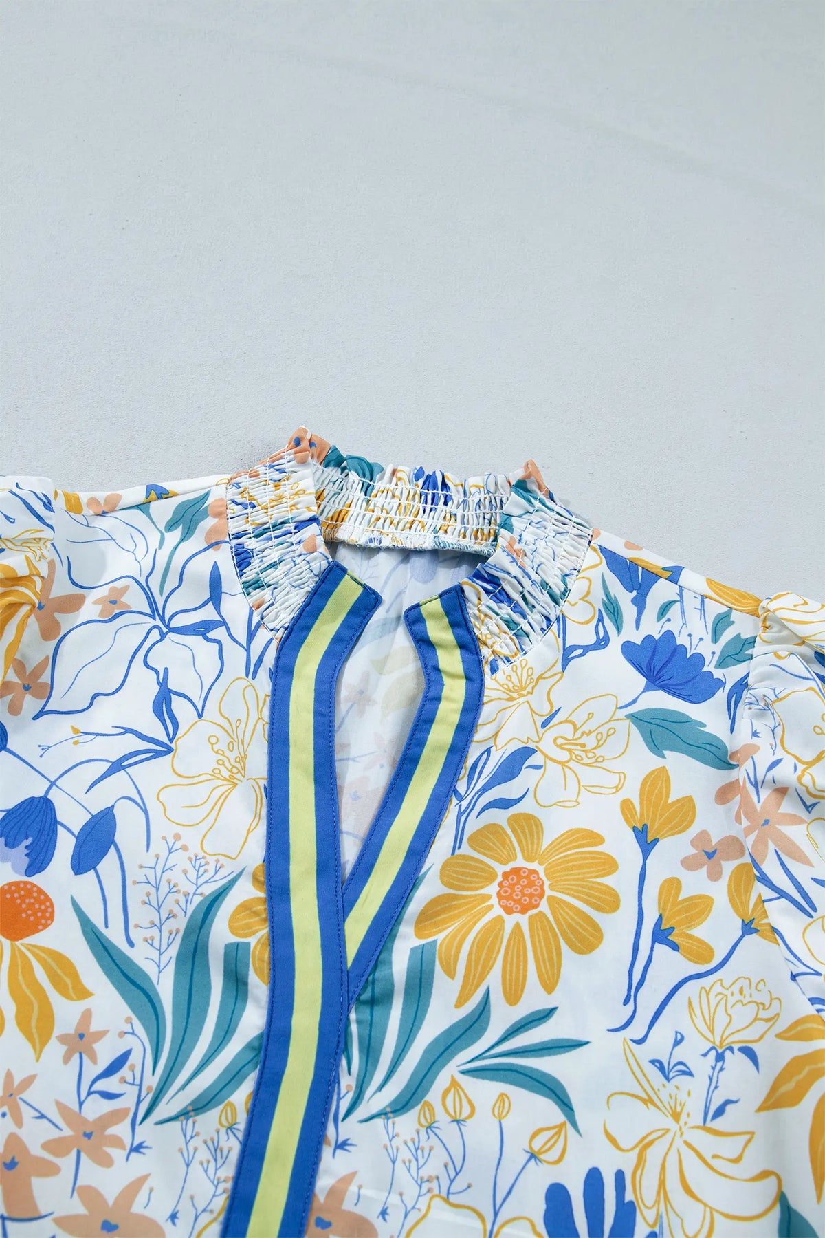 Floral Print Striped Trim V Neck Puff Sleeve Blouse – Yellow