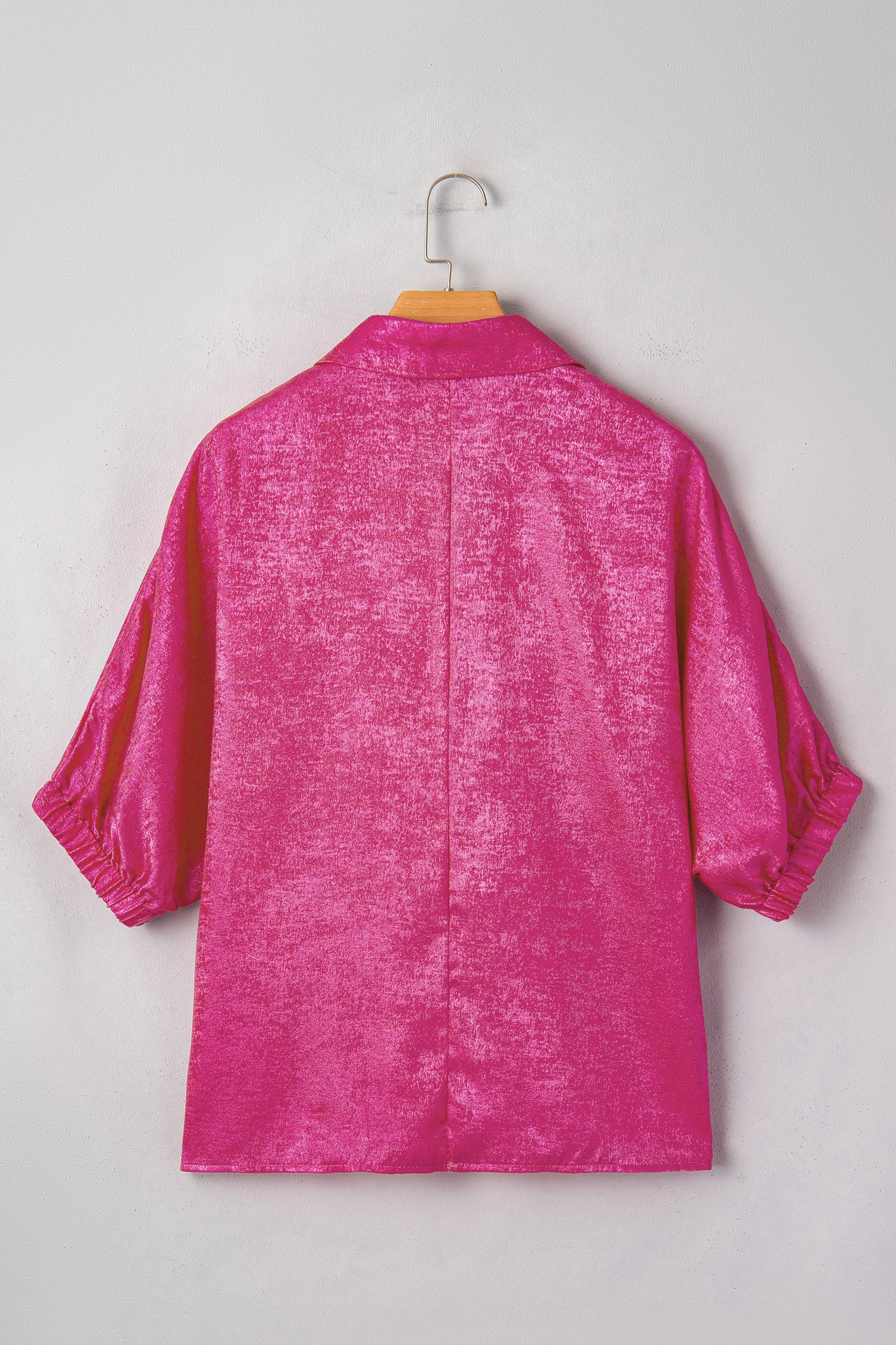 Collared V-Neck Half Sleeve Metallic Top
