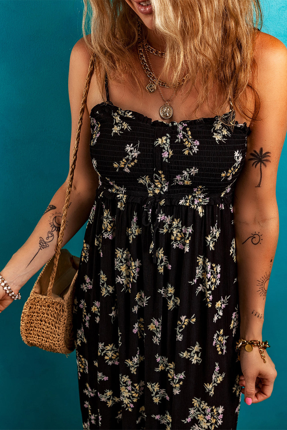 Black Floral Spaghetti Strap Shirred Bodice Tied Empire Waist Maxi Dress eAura