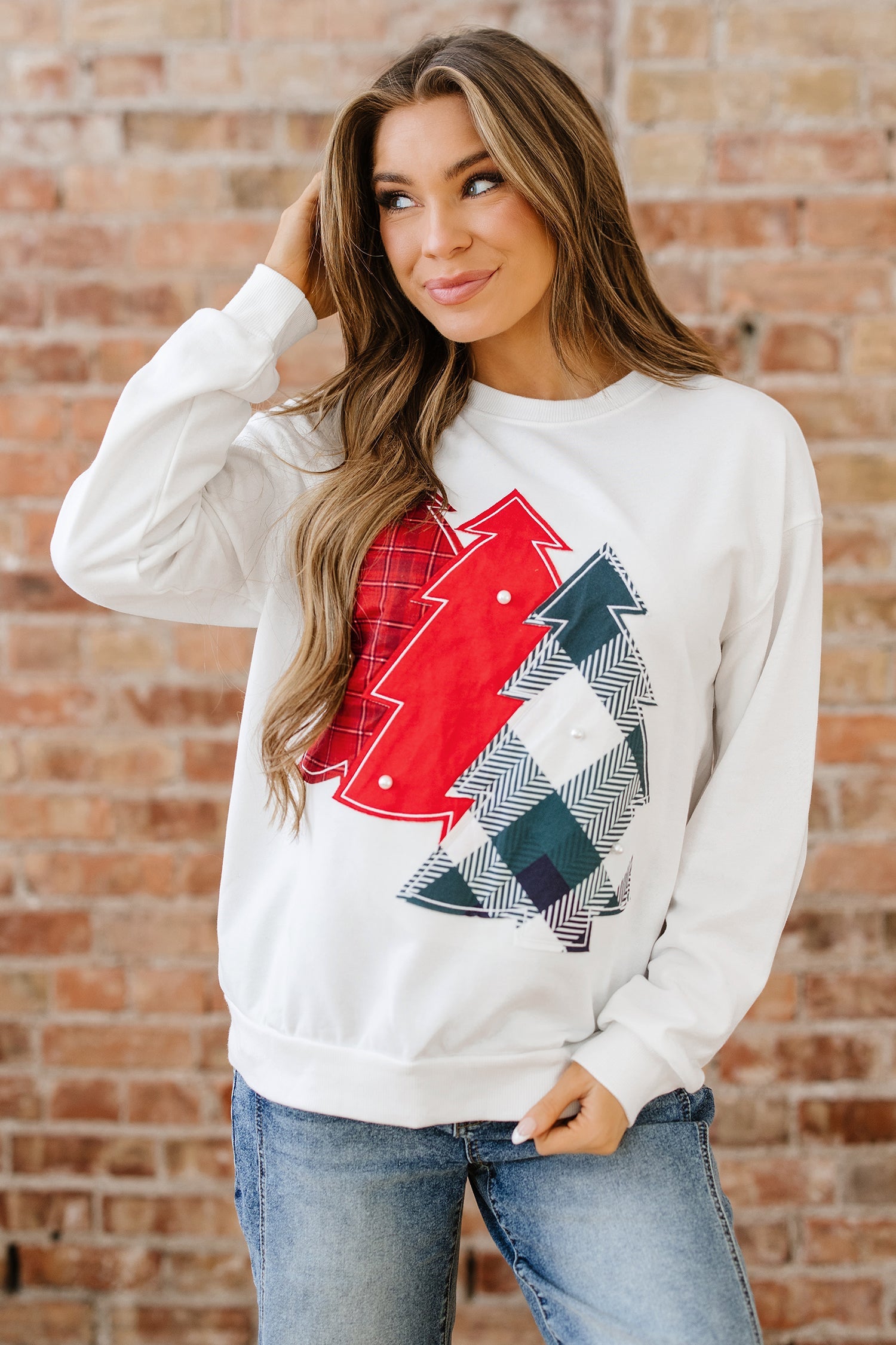 Pearl Plaid Christmas Tree Patched Drop Shoulder Sweatshirt - eAura