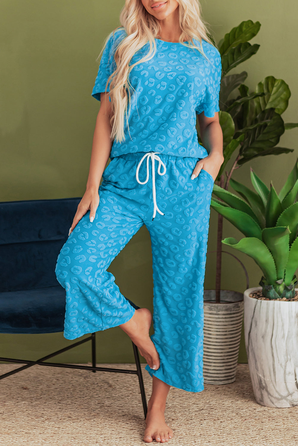 Blue Leopard Jacquard Short Sleeve Top and Wide Leg Trousers Set eAura