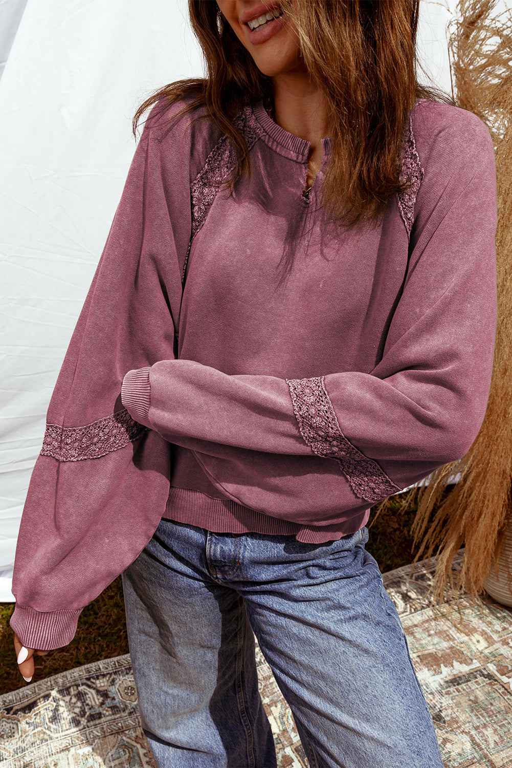 Lace Patchwork Detail Notched Neck Mineral Wash Baggy Sweatshirt - Red / S - Tops/Sweatshirts & Hoodies