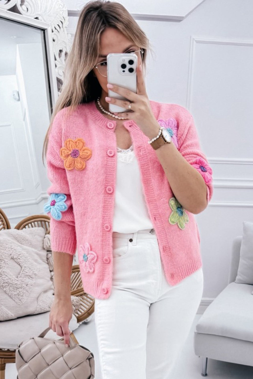 Pink Cute Knitted Floral Pattern Button Up Cardigan eAura