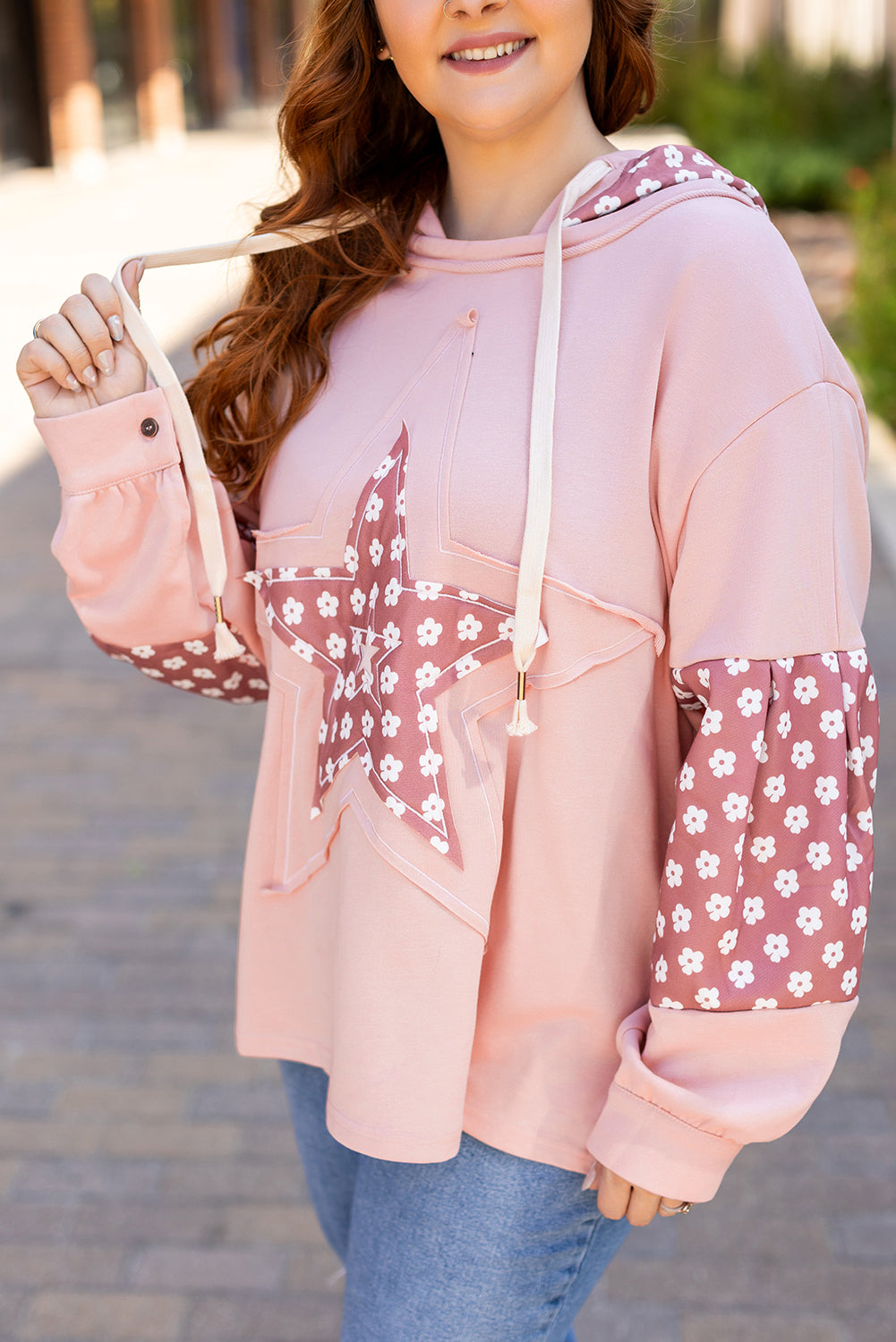 Delicacy Star Patch Graphic Floral Colour Block Drawstring Plus Size Hoodie BB Fashion Outlet