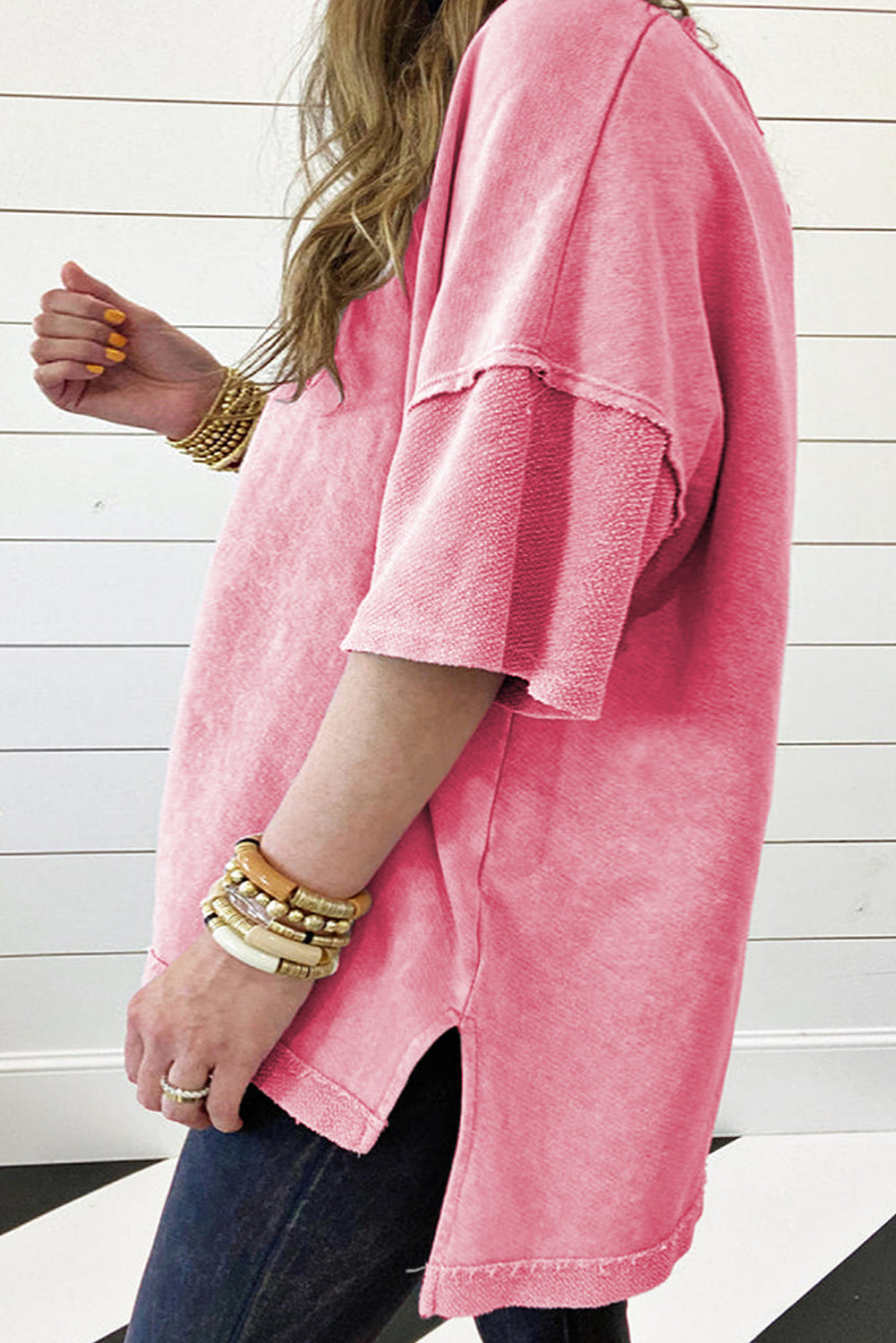 Strawberry Pink Mineral Wash Drop Sleeve Patchwork Plus Tee BB Fashion Outlet