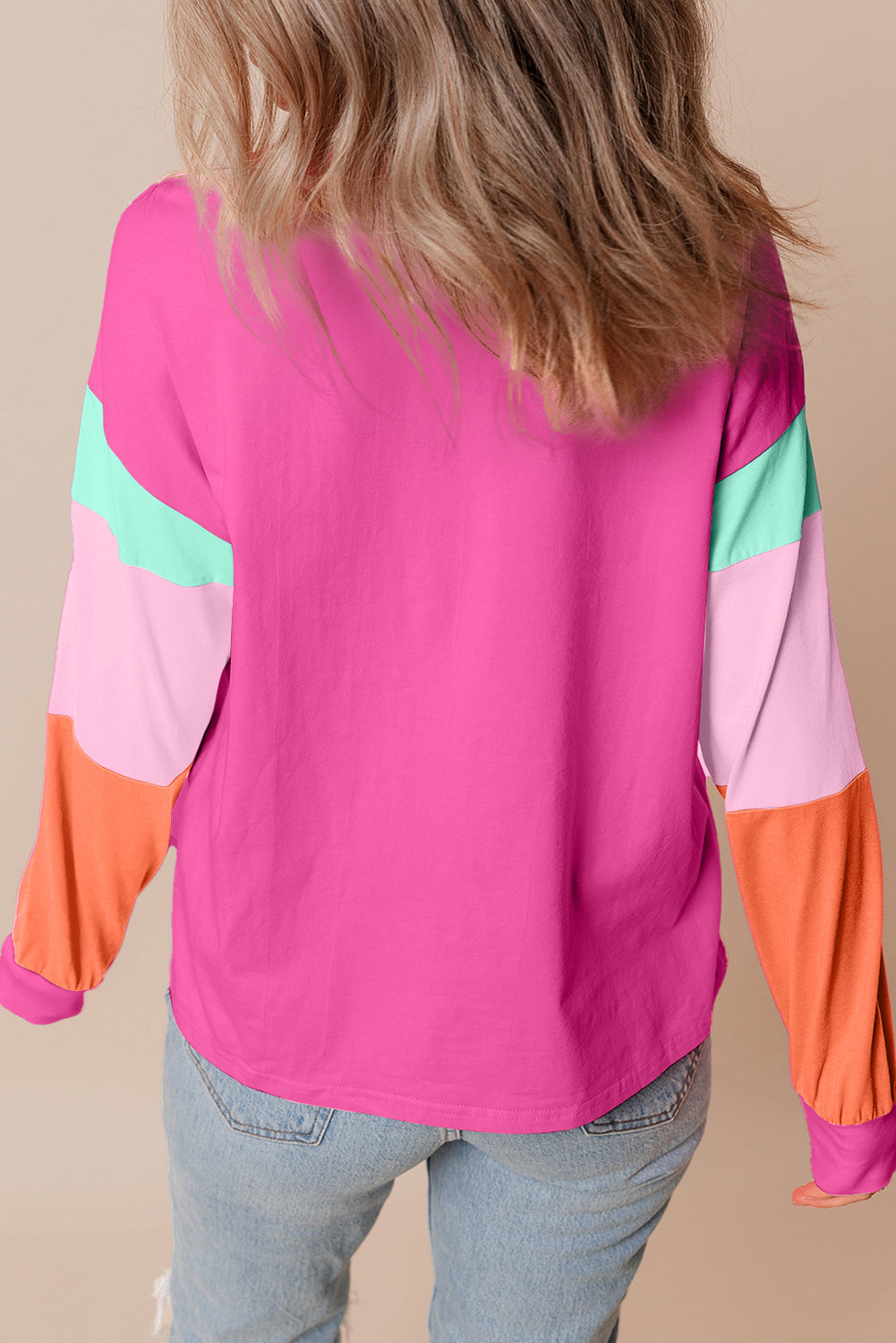Dark Blue Colourblock Patchwork Long Sleeve Loose Top eAura