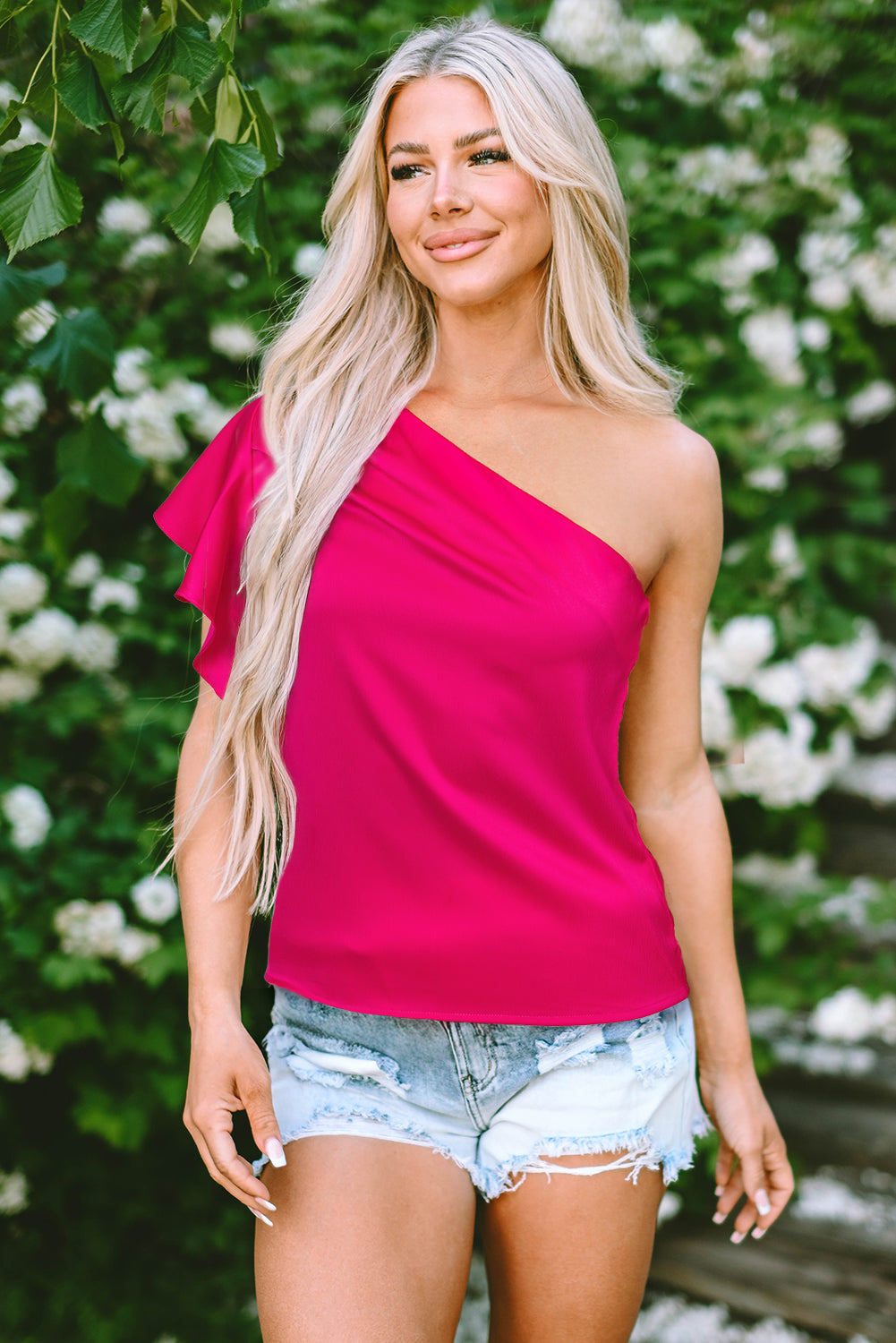 Strawberry Pink Asymmetric Shoulder Ruffle Sleeve Elegant Blouse eAura