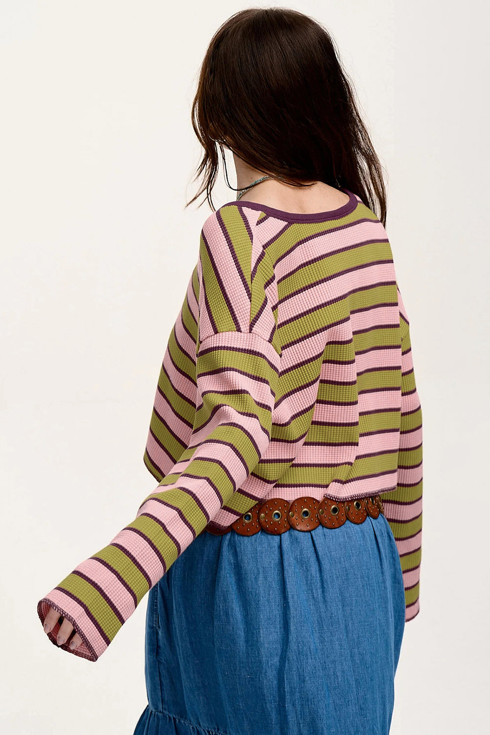 Spinach Green Clashing Stripes Waffle Texture Notched Neck Long Sleeve Top eAura