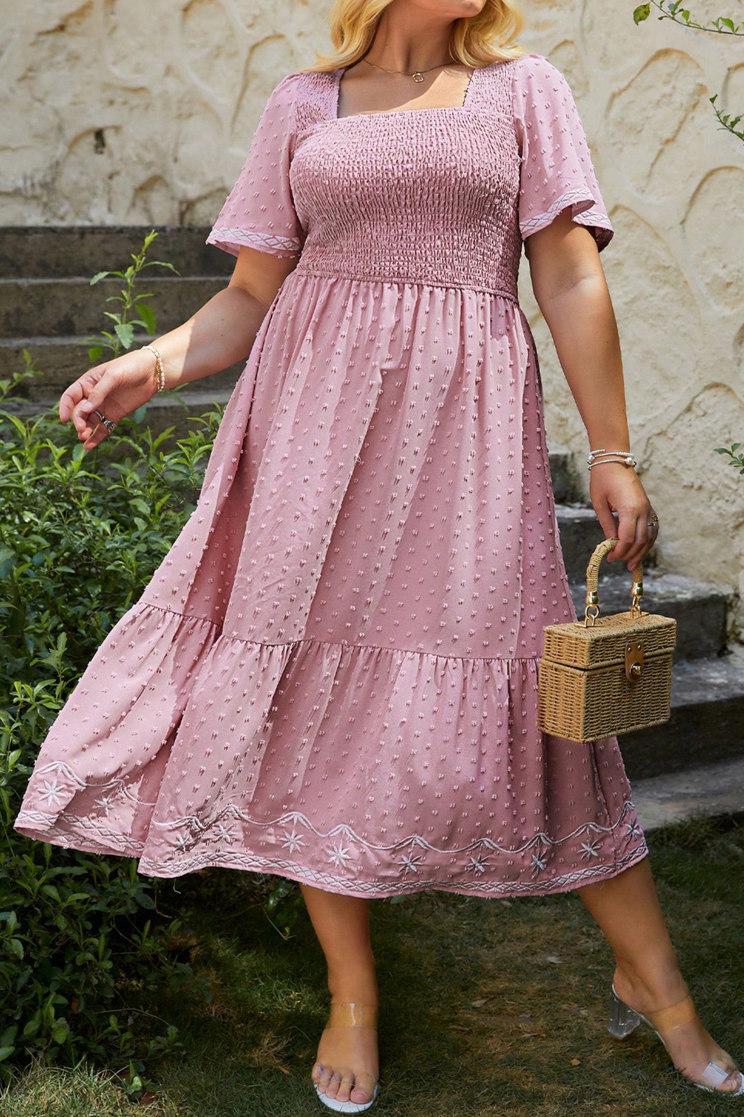 Plus Size Swiss Dot Short Sleeve Smocked Flowy Midi Dress