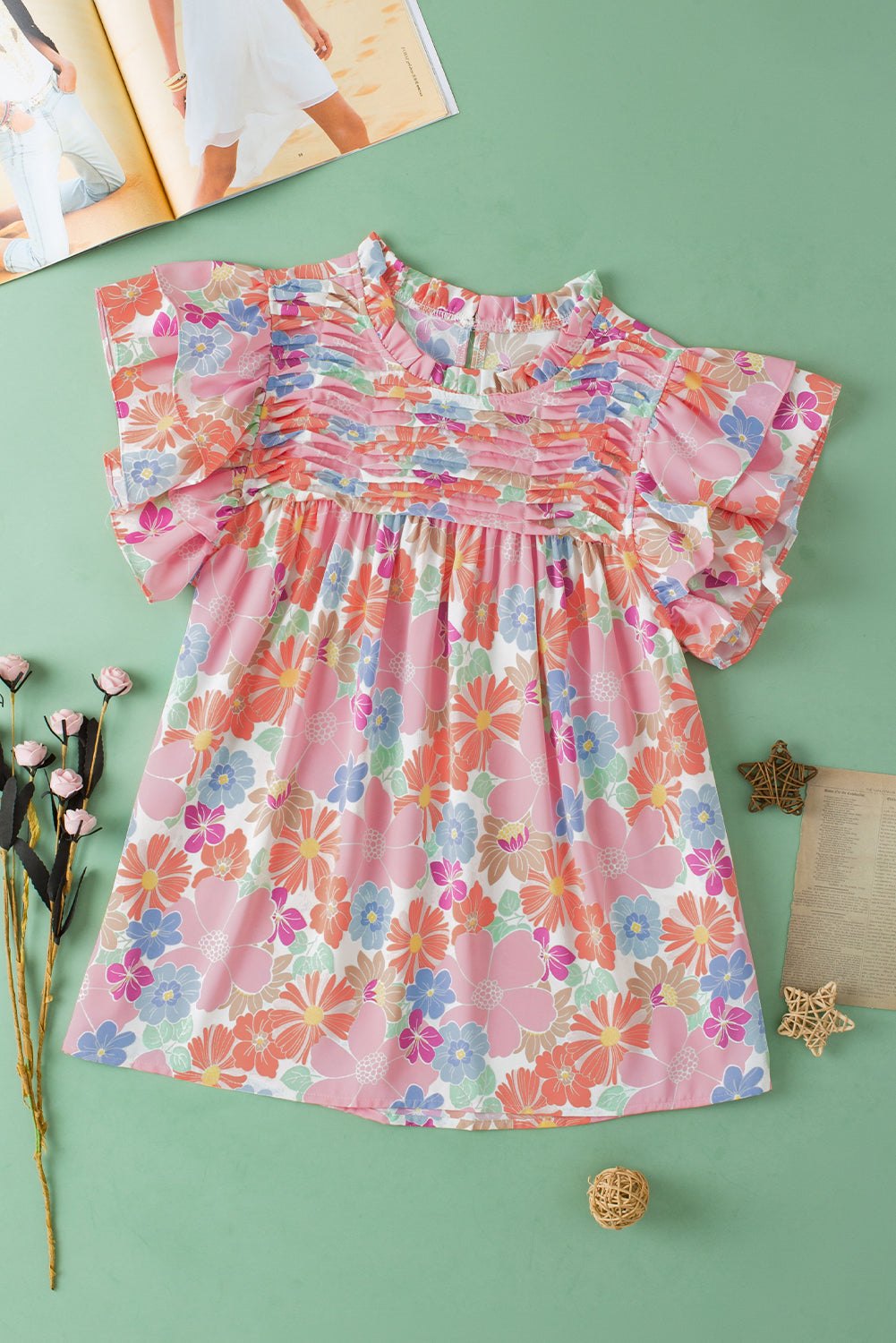 Pink Floral Ruffled Flutter Sleeve Pleated Blouse eAura