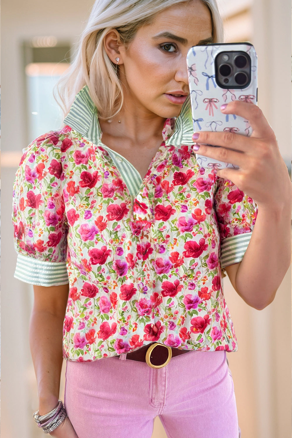 Red Floral Print Striped Patchwork Collared Short Sleeve Blouse eAura