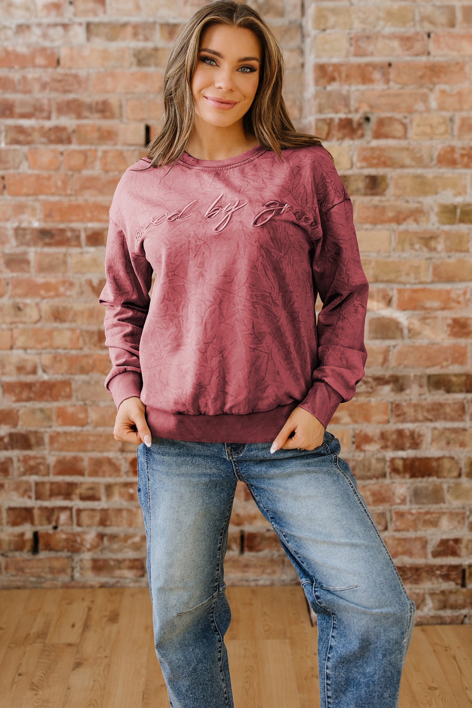 'Saved By Grace' Embroidered Mineral Wash Sweatshirt