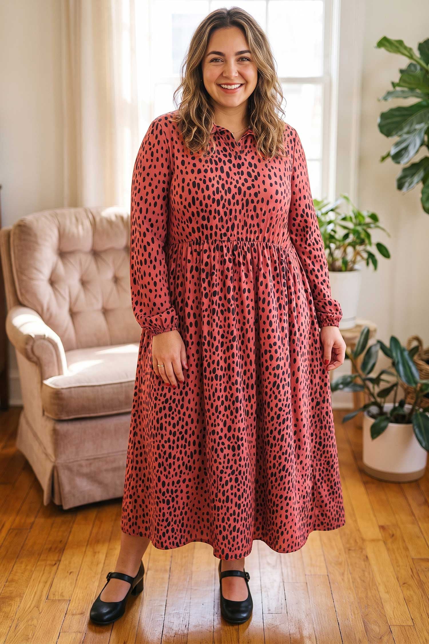 Leopard Print Long Sleeve V Neck Plus Size Midi Dress – Red