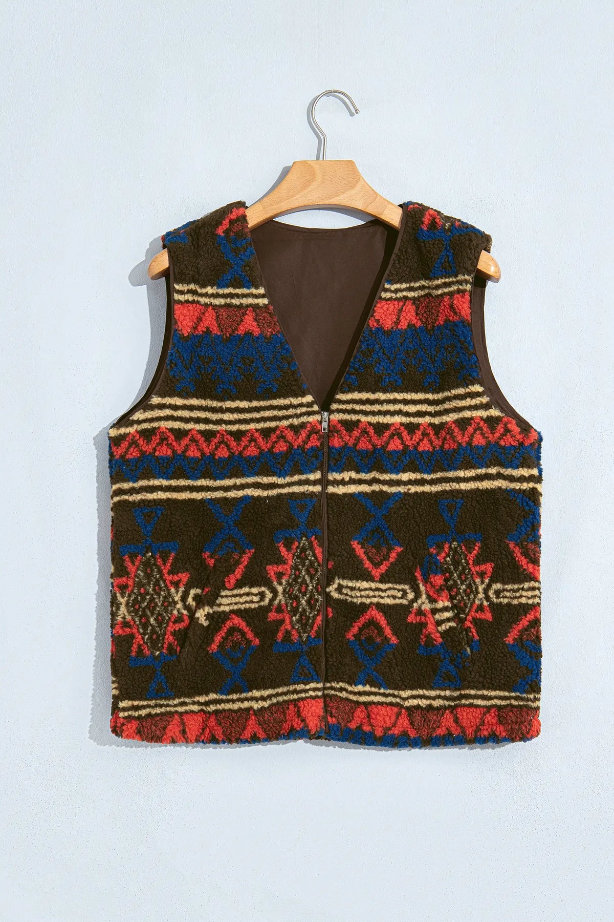 Western Print Faux Fur Metal Zipper Insert Pockets Sleeveless Vest – Multicolour