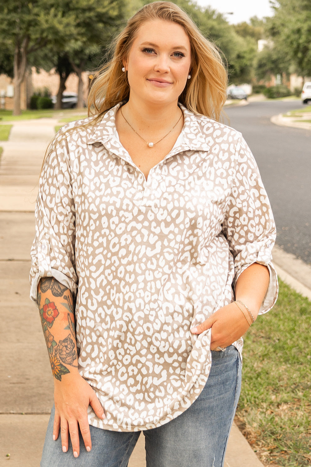 Apricot Leopard Tab Sleeve V Neck Plus Size Top BB Fashion Outlet