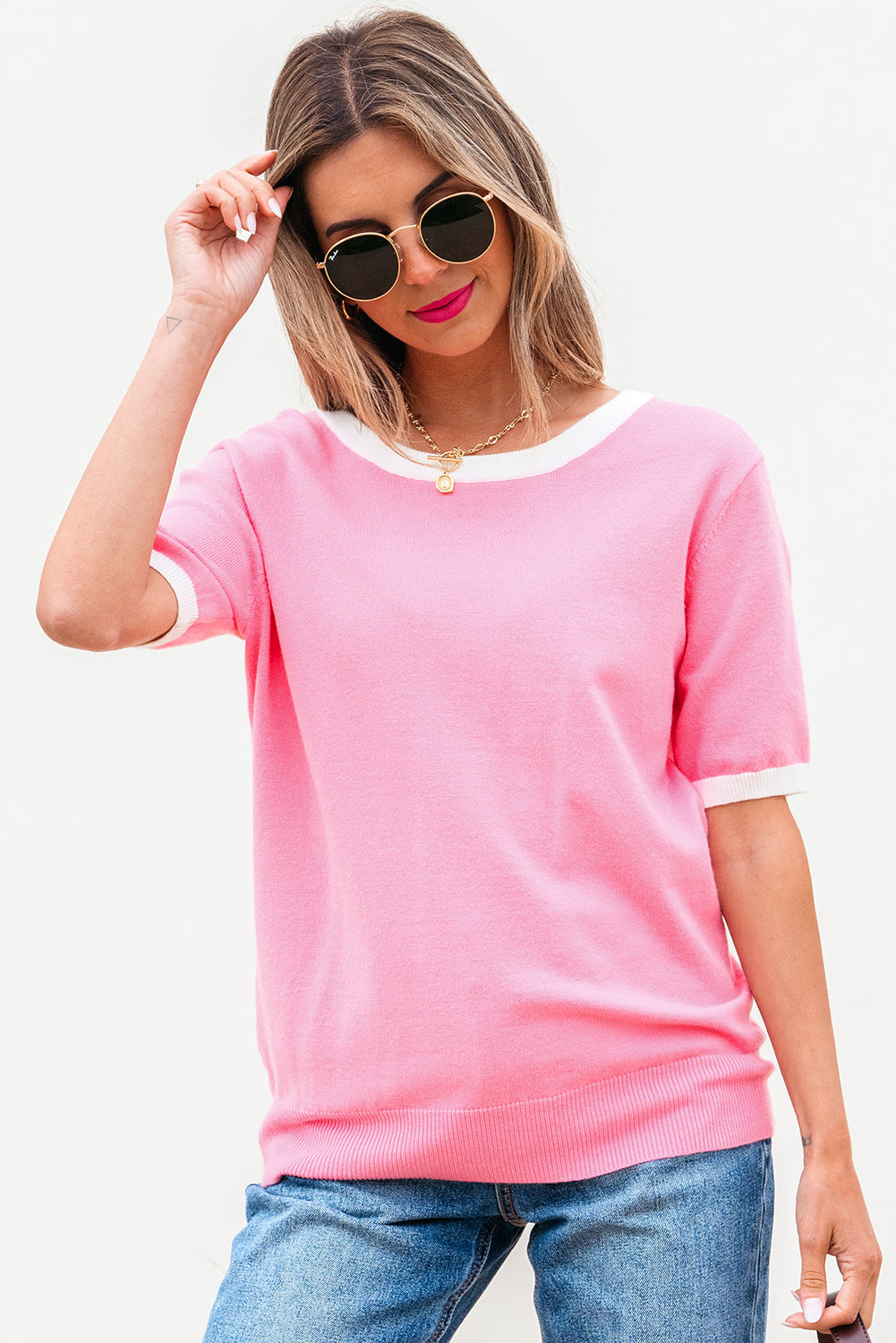 Colourblock Bow V-Shape Cut Back Short Sleeve Sweater eAura