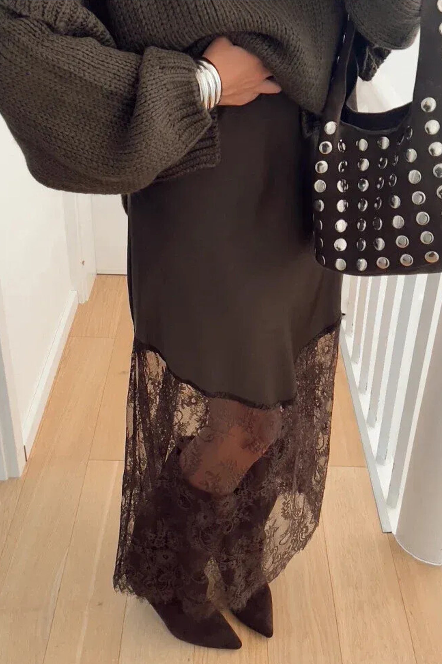 Lace Patchwork Hem Long Casual Shift Skirt – Dark Brown