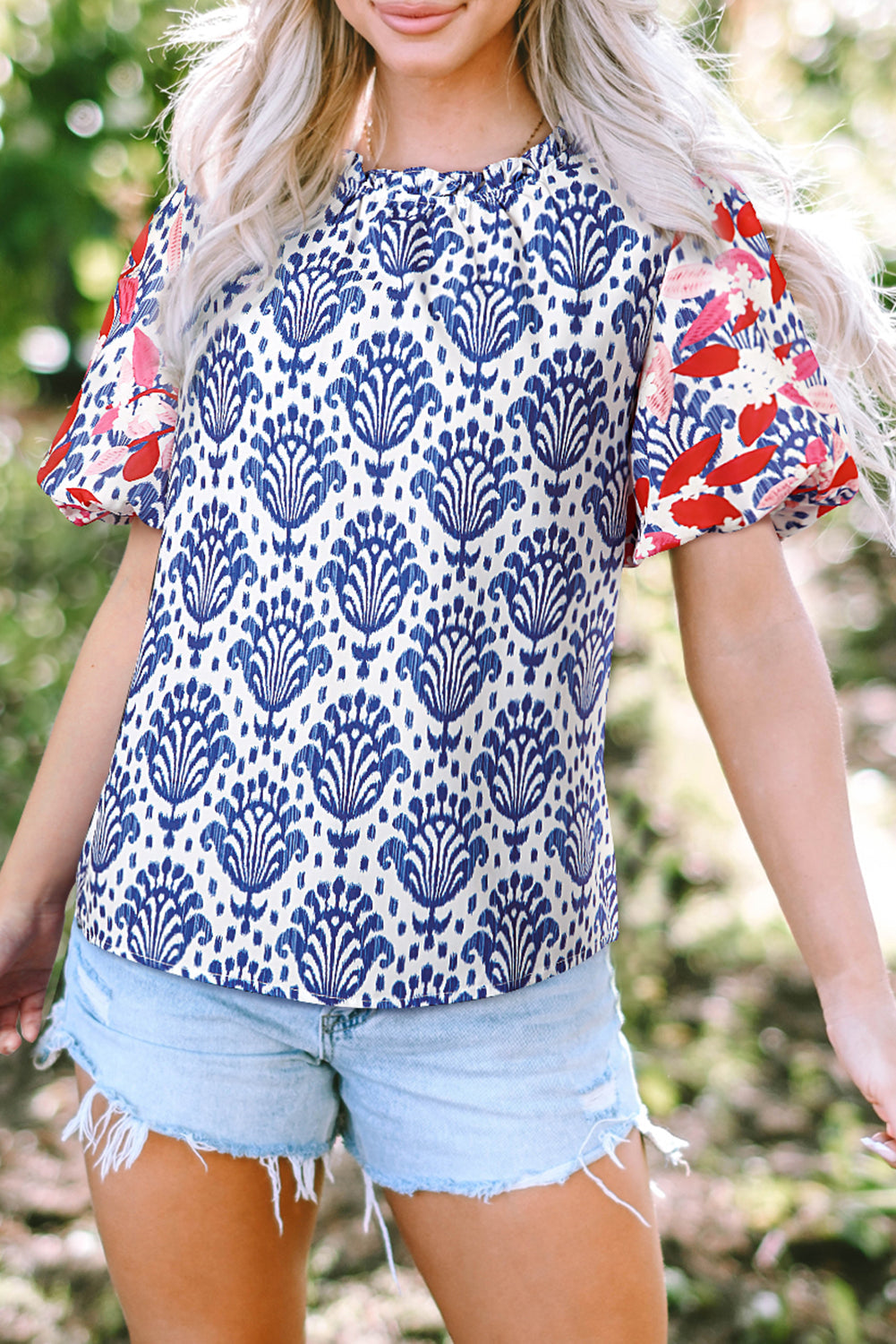 Blue Western Fashion Print Floral Puff Sleeve Frilled Neck Blouse eAura